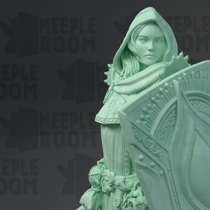 A green statue of a woman with a hooded cloak, holding a shield, is displayed against a dark background with repeated text.