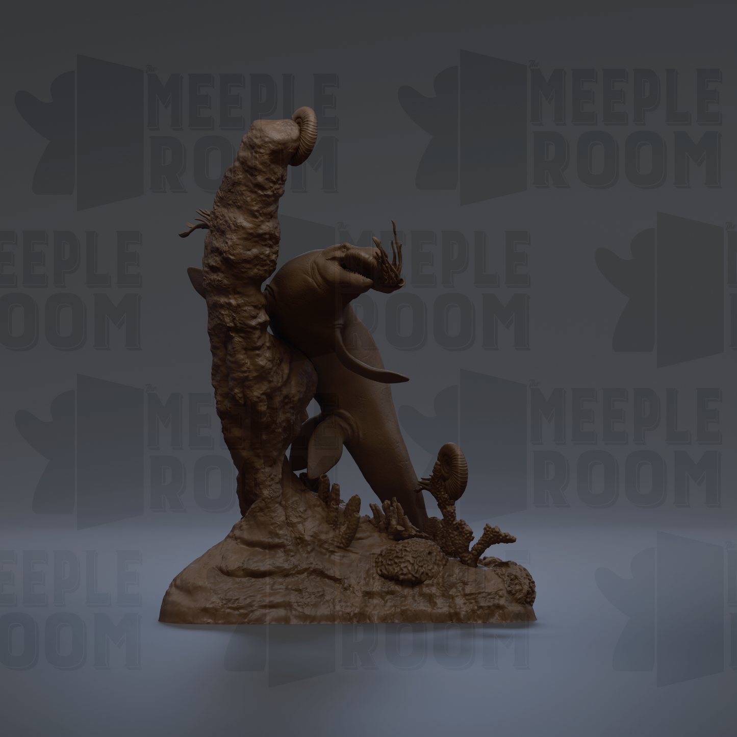 a sculpture of a sea animal, possibly a whale or a dolphin, standing on a rock formation.
