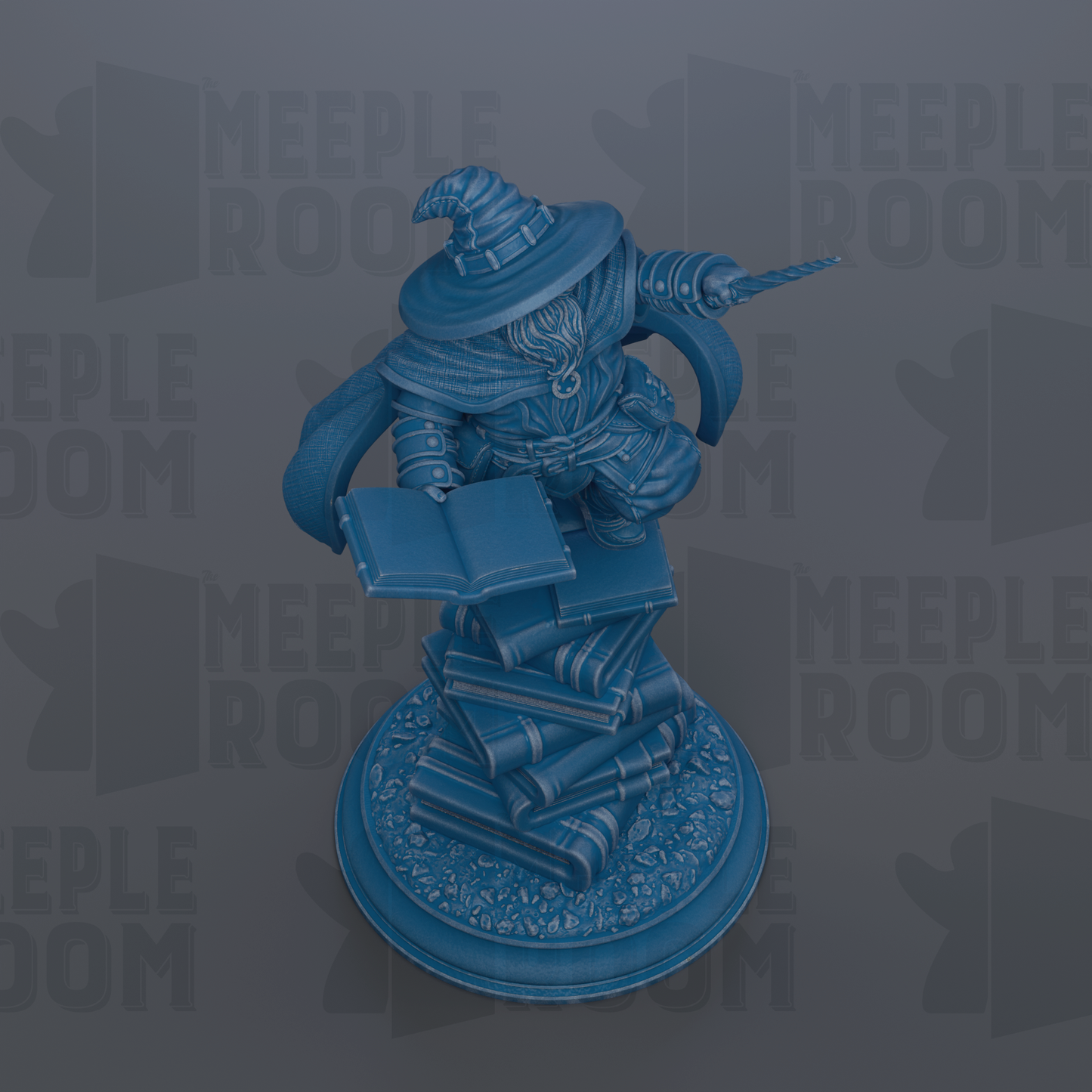 A blue statue of a wizard holding a book and a staff, standing on a stack of books.