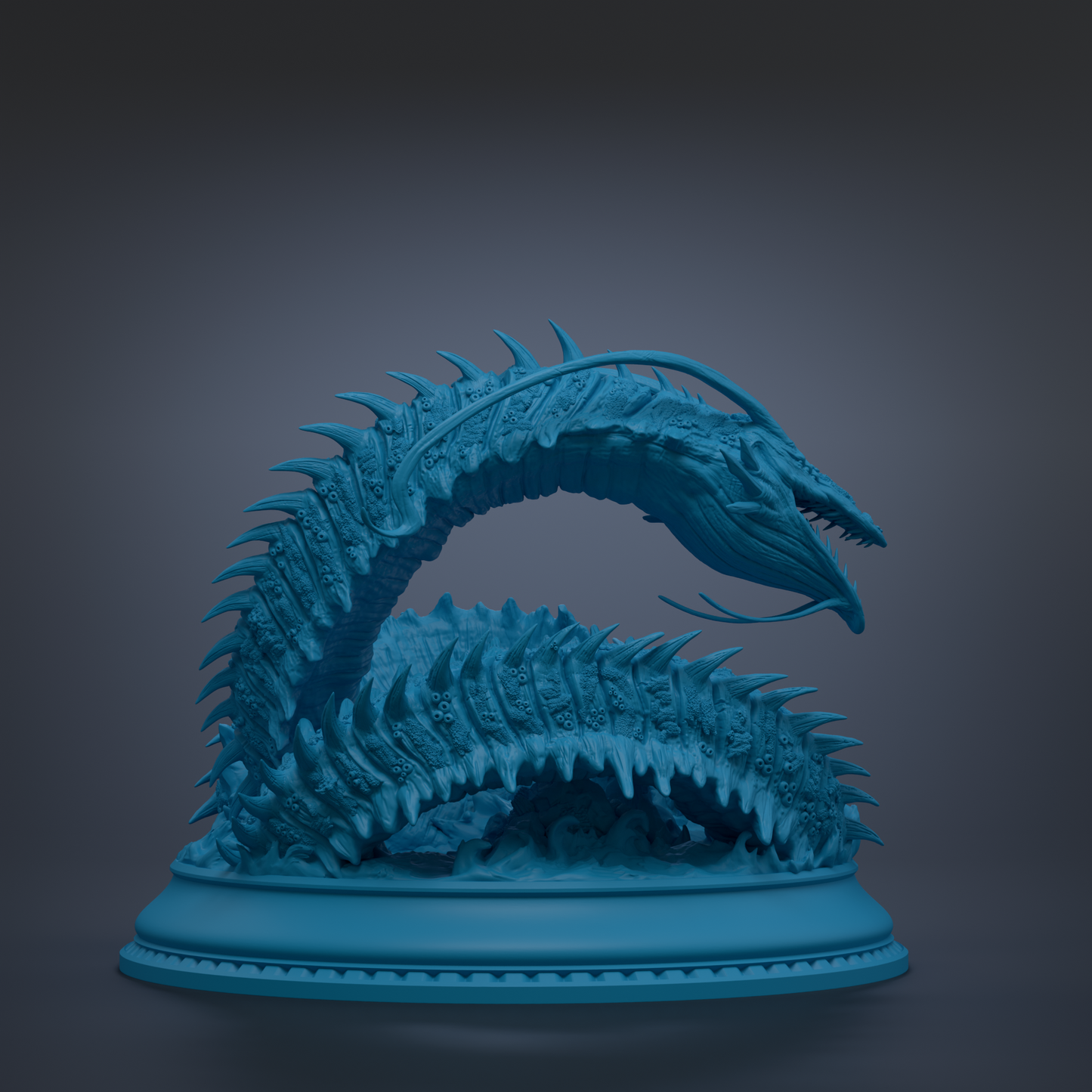A 3D rendering of a blue, elongated creature with sharp teeth and spikes, resembling a mythical or fantastical creature.