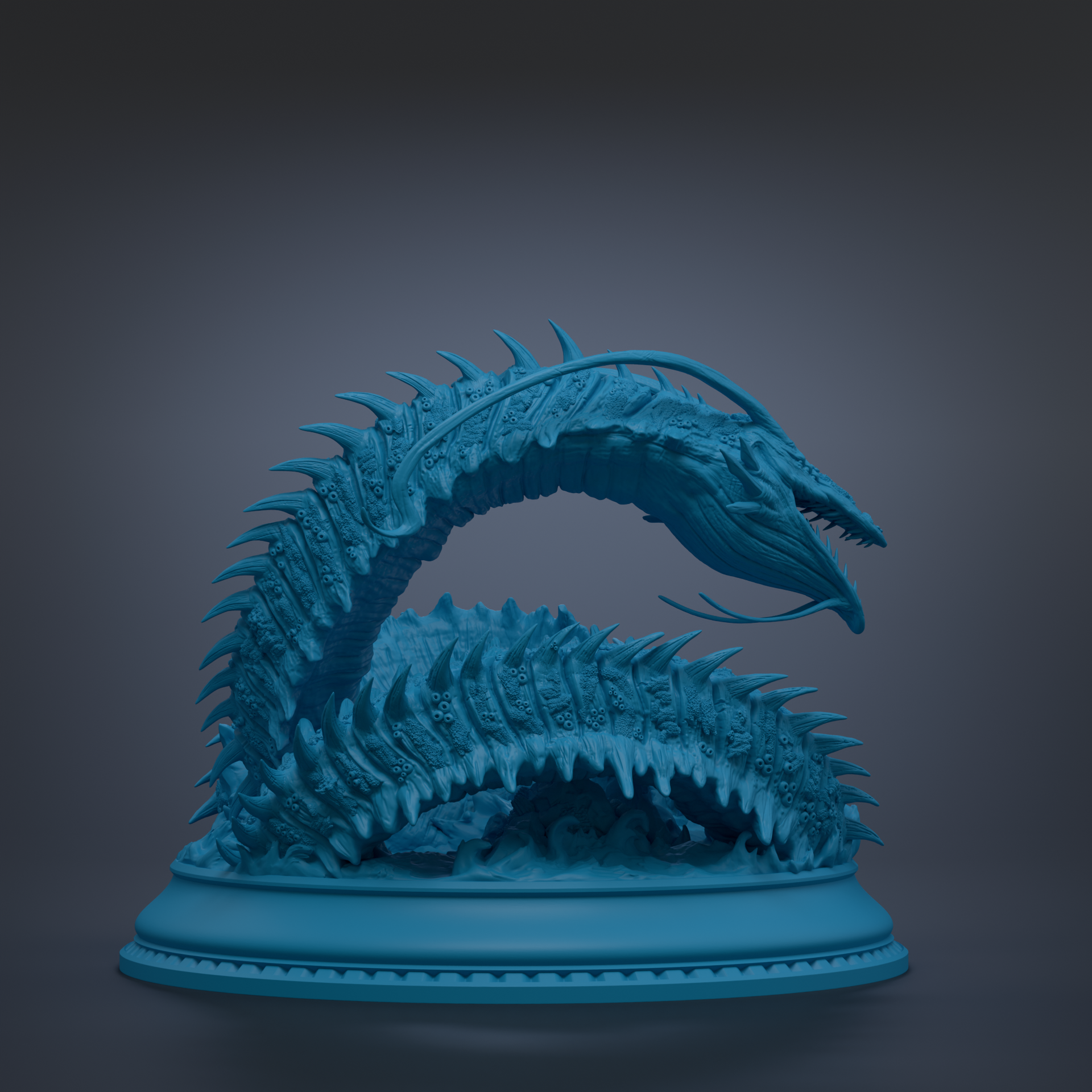 A 3D rendering of a blue, elongated creature with sharp teeth and spikes, resembling a mythical or fantastical creature.