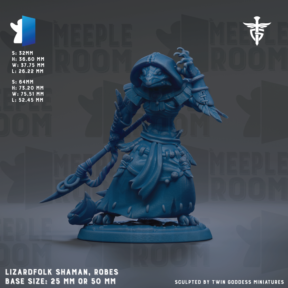 A figurine of a lizard-like creature, possibly a deity or magical being, wearing a robe and holding a staff. The figurine is set against a dark background with repeated text and logos.