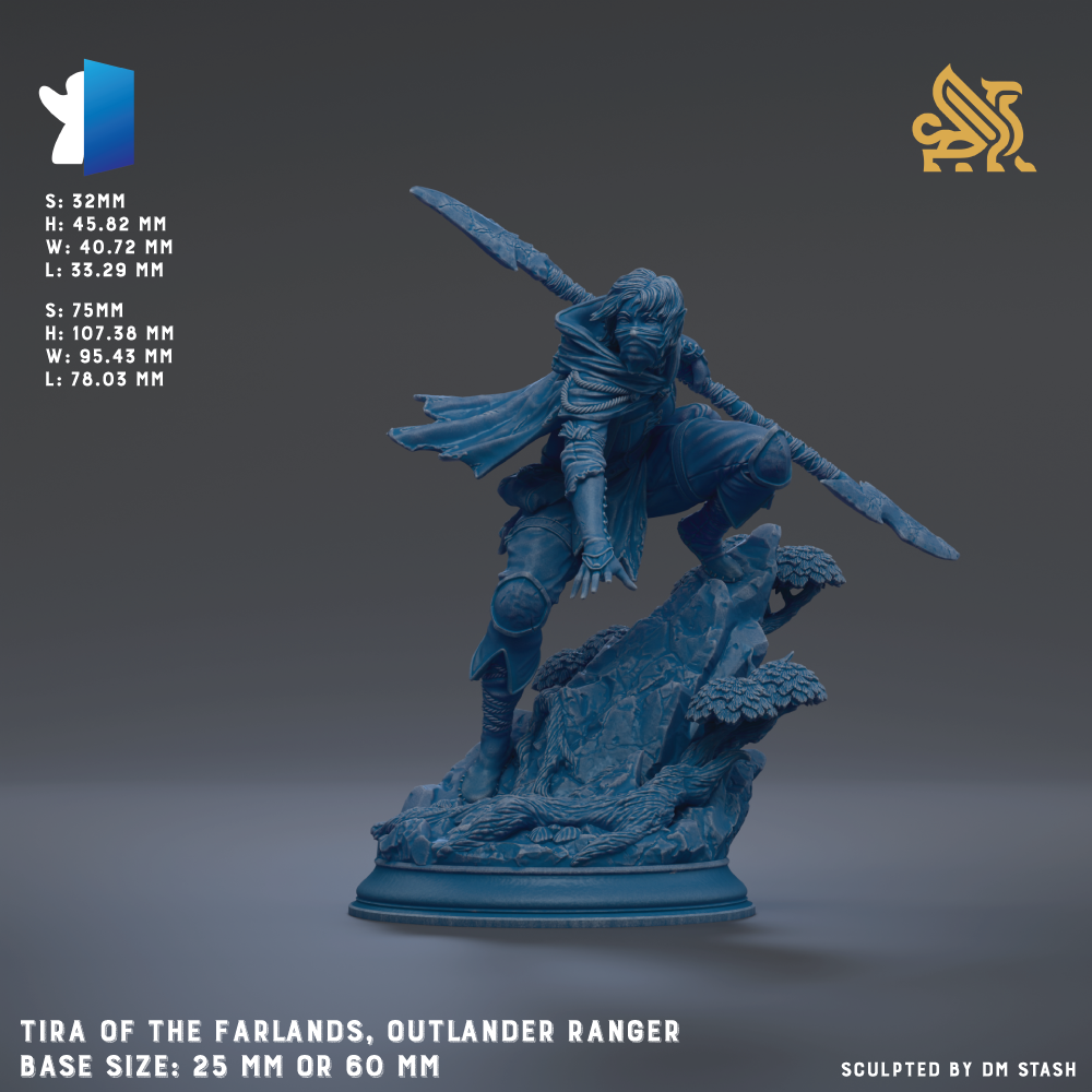 The image is a detailed sculpture of an Outlander ranger character, specifically the Tira of the Farlands, with a sword in hand. The sculpture is in a base size of 25mm or 60mm, depending on the viewer's perspective. The sculpture is crafted by DM Stash, as indicated in the text.