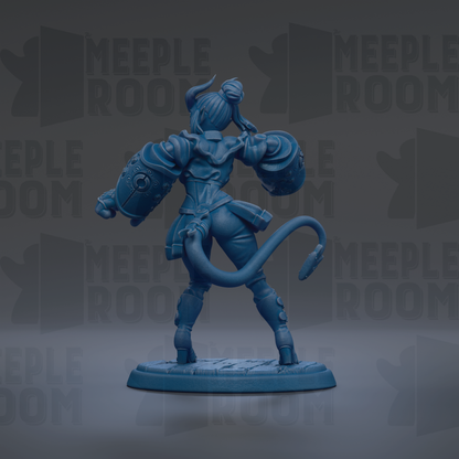 A blue figurine of a character with horns and a tail, standing on a base and facing away from the camera.