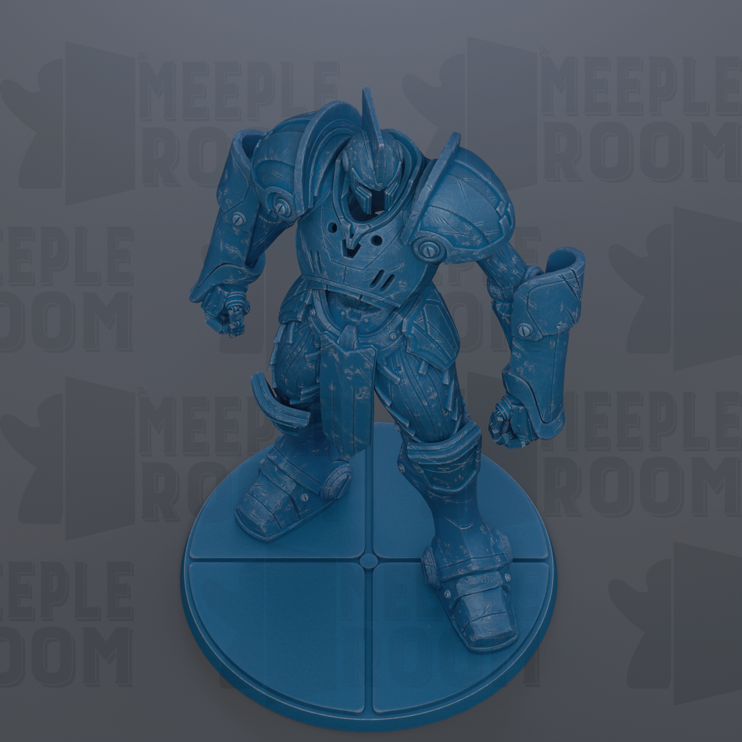 A blue, armored robot figurine stands on a blue platform against a dark background with repeated text.