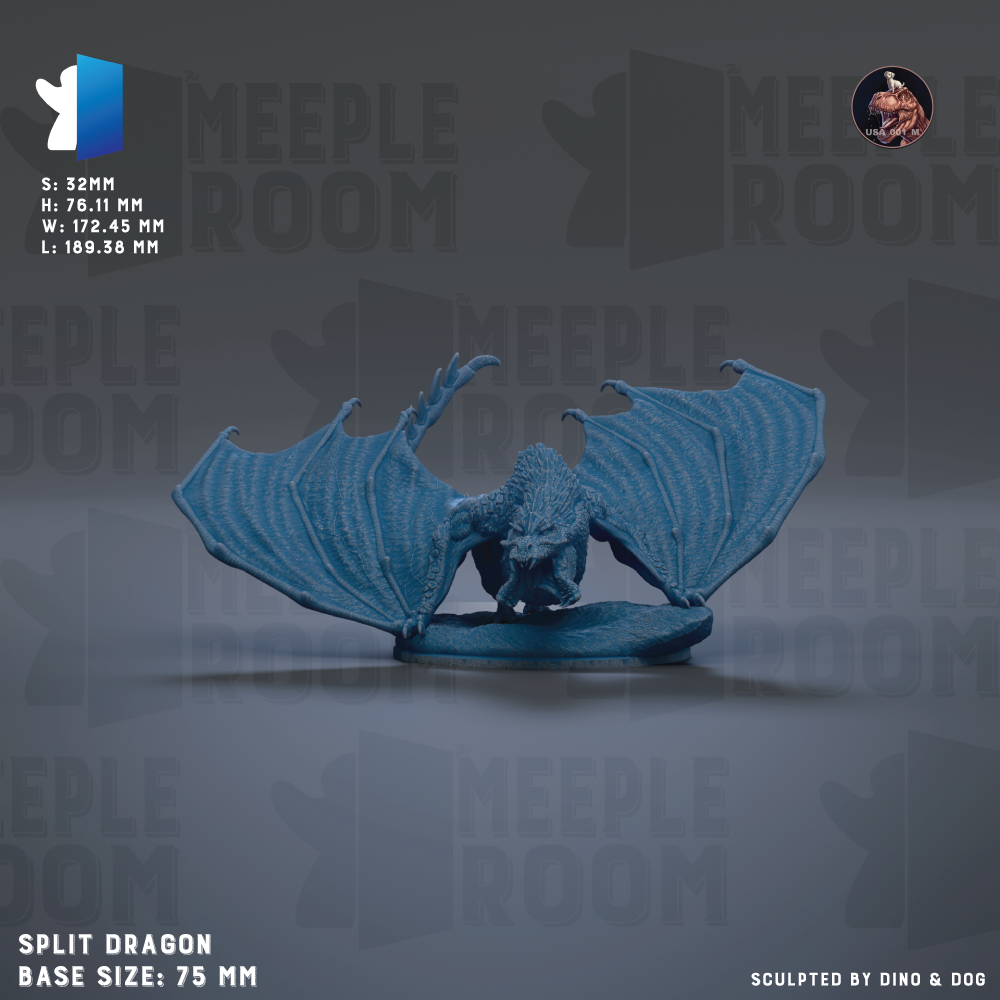 The image is a 3D model of a split dragon, which is a type of fantasy creature with the body of a dragon and the head of a bird. The dragon is depicted in a dynamic pose, with its wings spread wide. The image is labeled with the base size of the dragon, which is 75 millimeters, and it is described as being sculpted by a dinosaur and a dog. The background of the image is a dark gray color, and there is text that reads "MEUPLE ROOM" repeated multiple times throughout the image.