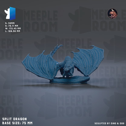 The image is a 3D model of a split dragon, which is a type of fantasy creature with the body of a dragon and the head of a bird. The dragon is depicted in a dynamic pose, with its wings spread wide. The image is labeled with the base size of the dragon, which is 75 millimeters, and it is described as being sculpted by a dinosaur and a dog. The background of the image is a dark gray color, and there is text that reads "MEUPLE ROOM" repeated multiple times throughout the image.