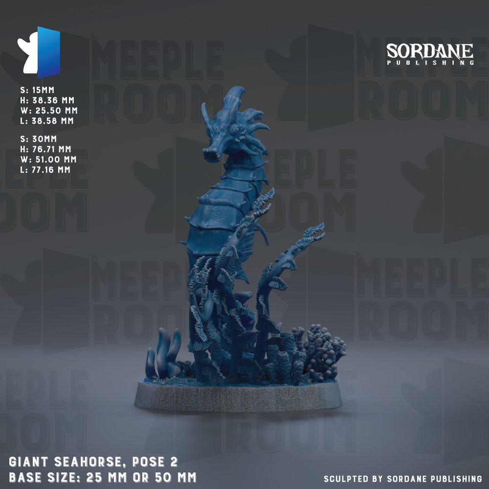 a blue giant seahorse statue with a detailed design and a base size of 25mm or 50mm.