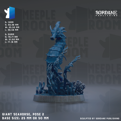 a blue giant seahorse statue with a detailed design and a base size of 25mm or 50mm.