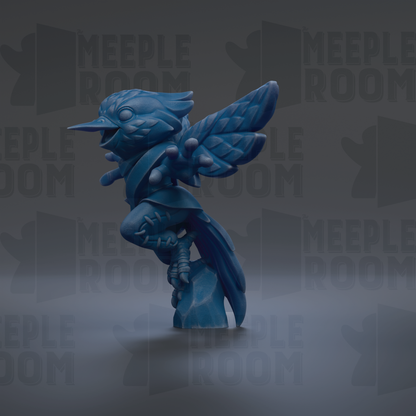 A blue bird-like creature with wings and a long beak is standing on a rock against a dark background with repeated text.