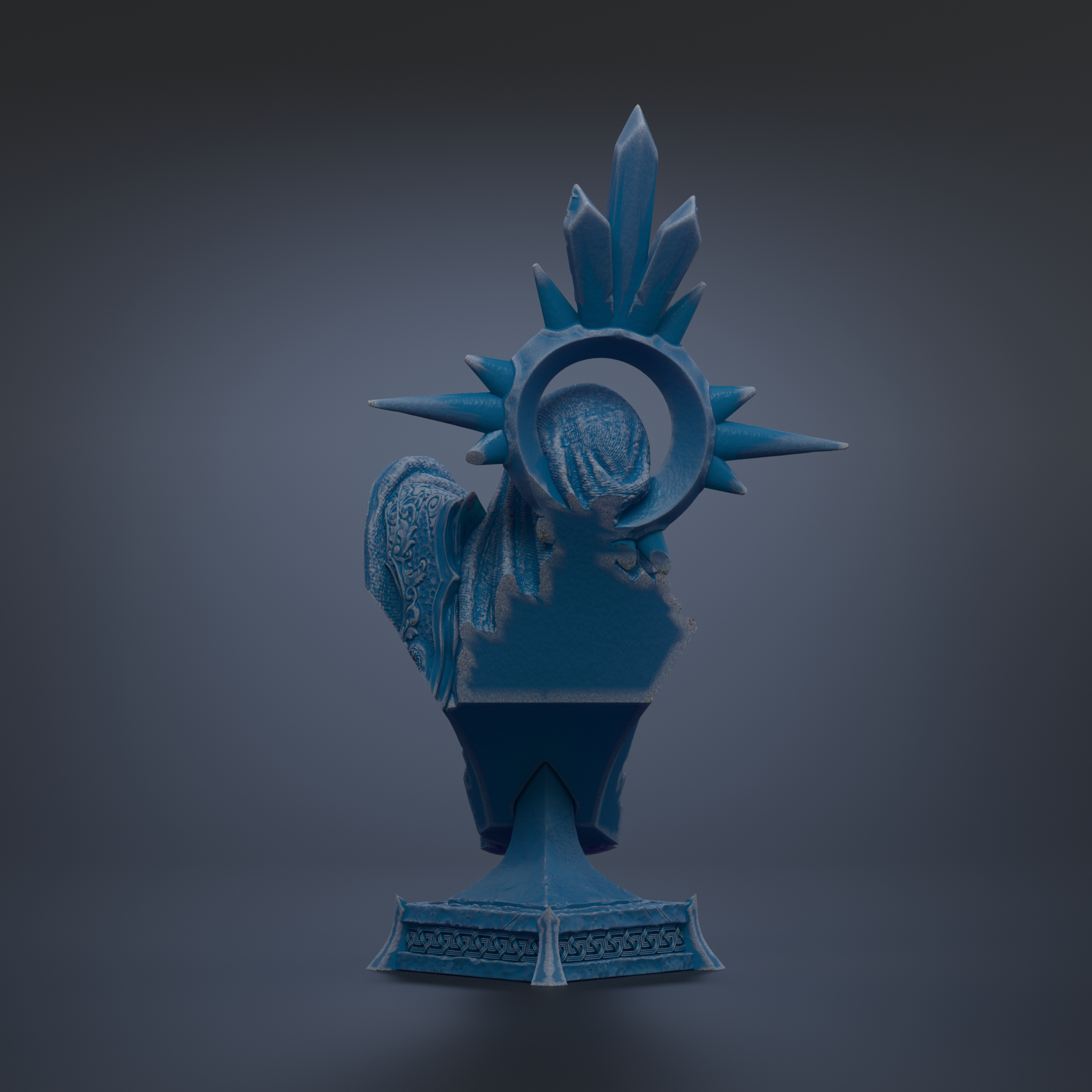 A blue, abstract sculpture with a stylized head and a circular opening at the top, set against a dark background.