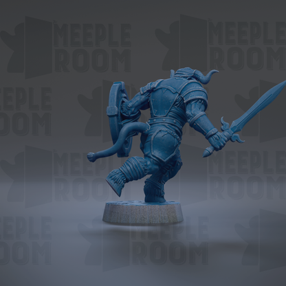 A blue, armored warrior figure wielding a sword and shield stands in a dark, moody setting.