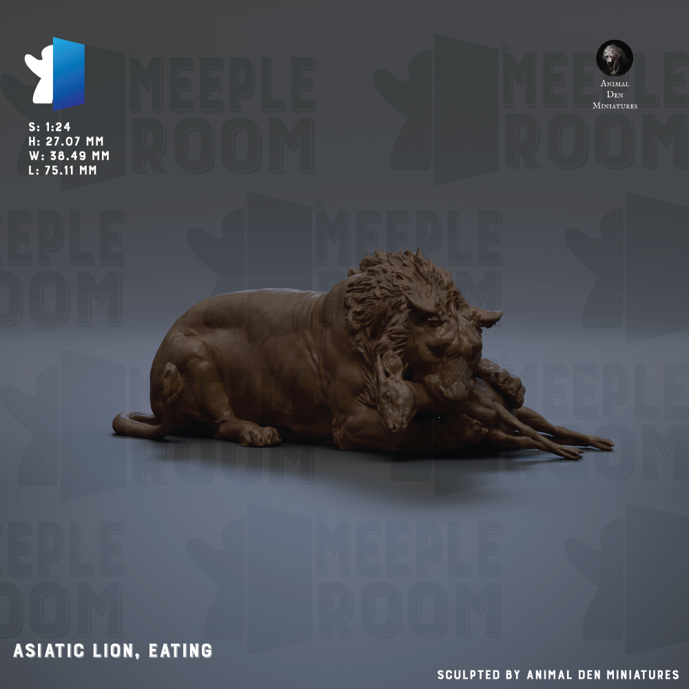The image is a 3D rendering of a lion statue, depicting it in a relaxed pose, possibly eating. The lion is the central focus of the image, with the background being a dark gray color. The image does not contain any text, and the lion is the only object in the scene.