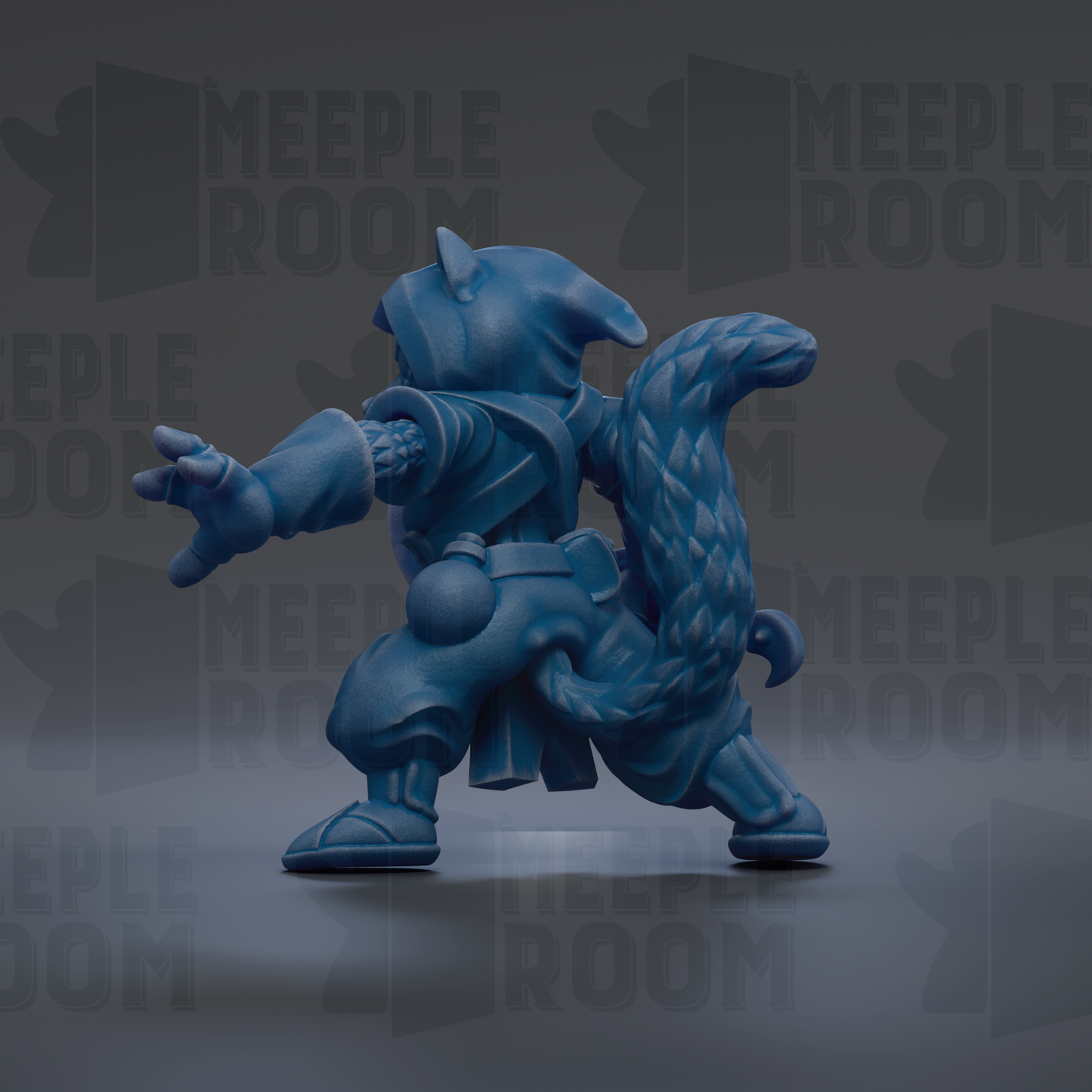 A blue 3D model of a character with a pointed hat and a long tail, standing in a fighting stance.