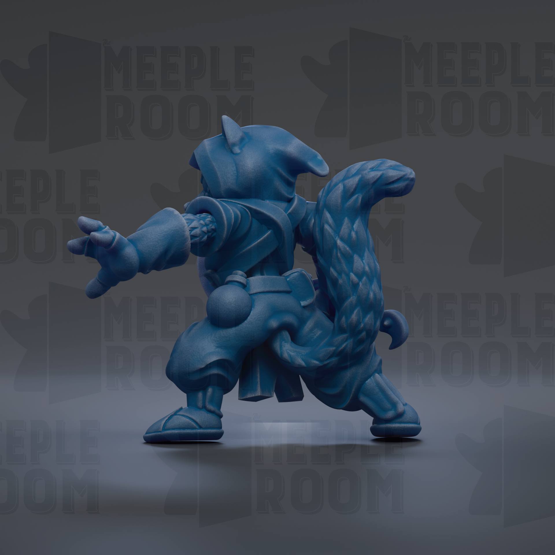 A blue 3D model of a character with a pointed hat and a long tail, standing in a fighting stance.