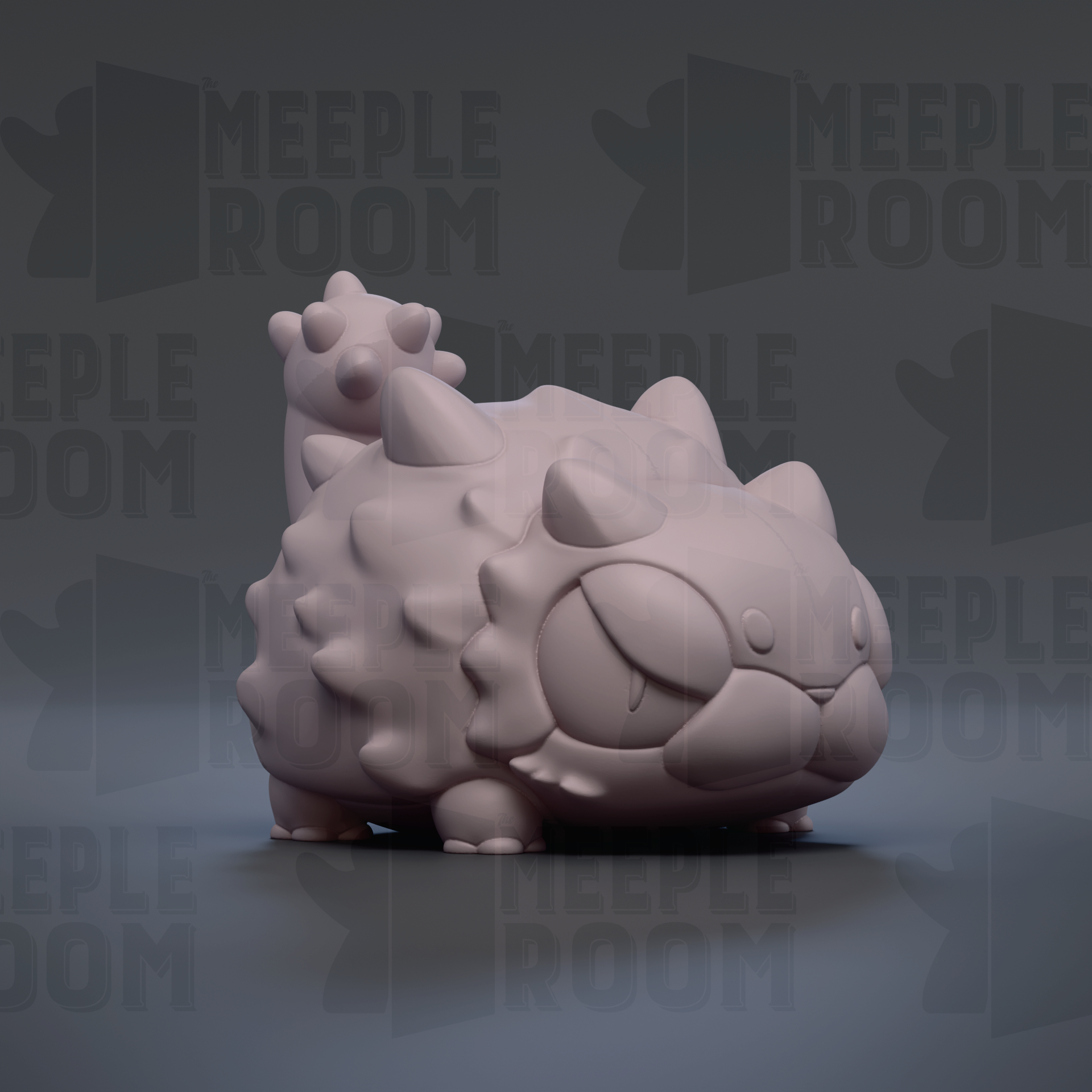 A 3D rendering of a cat-like creature with spikes on its body, sitting on a surface against a dark background with repeated text.