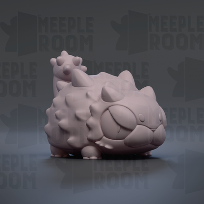 A 3D rendering of a cat-like creature with spikes on its body, sitting on a surface against a dark background with repeated text.