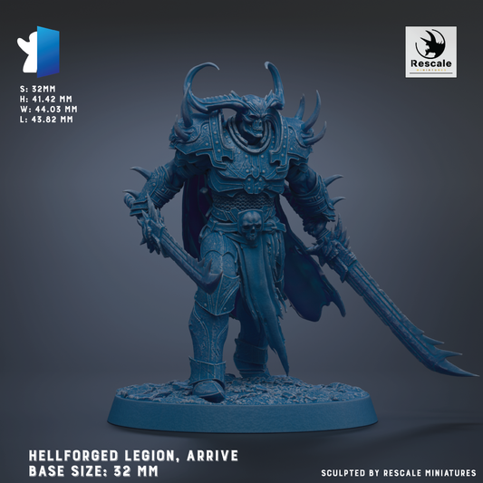 a Hellforged Legion, a base size of 32 mm, with a detailed and intricate design featuring horns, claws, and a fierce expression.