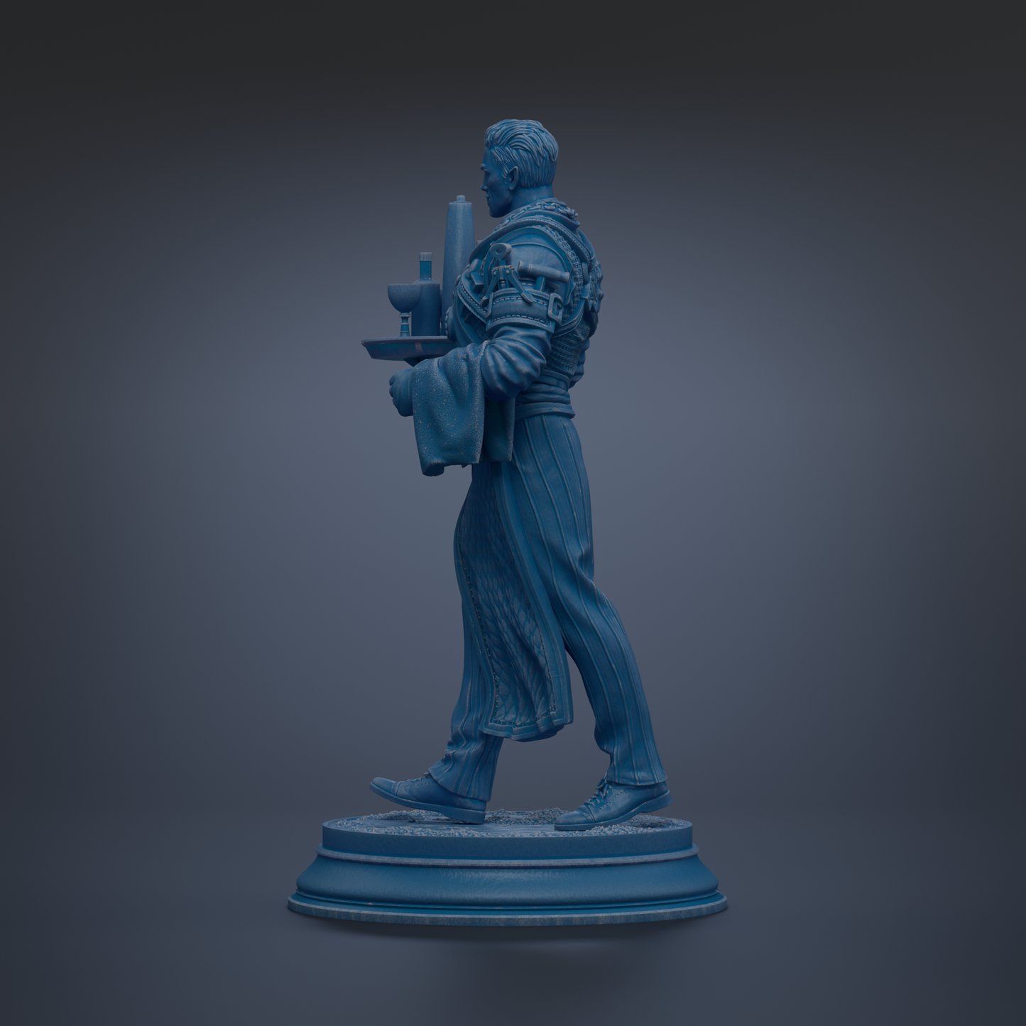 A blue statue of a man holding a tray and a cup, standing on a pedestal.