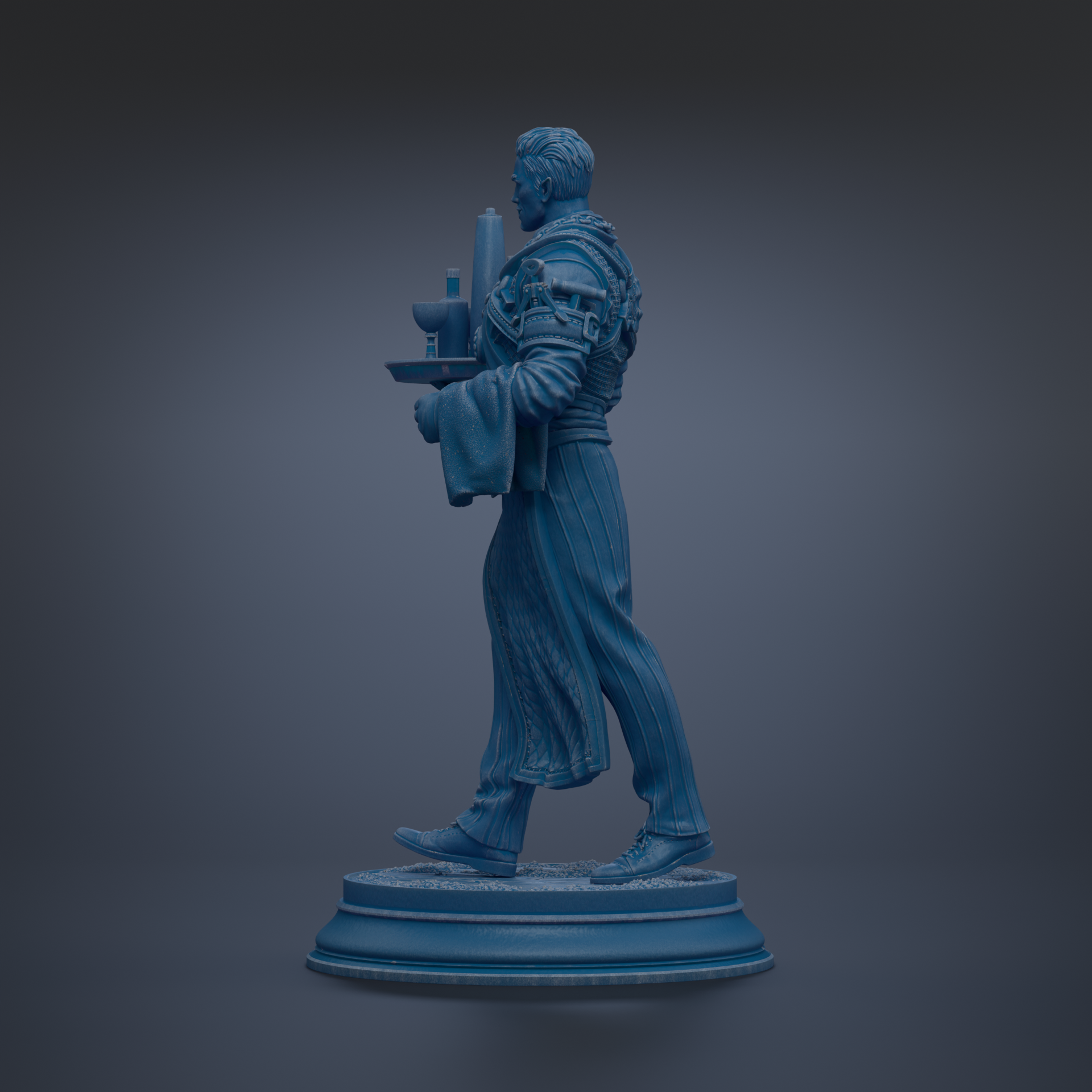 A blue statue of a man holding a tray and a cup, standing on a pedestal.