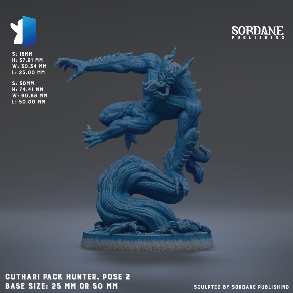 The image is a 3D rendering of a blue, fantastical creature resembling a mythical or magical being, possibly a dragon or a similar mythical creature. The creature is shown in a dynamic pose, with its arms and legs spread out, giving it a sense of movement and power. The image is described as a "cuthiari pack hunter, pose 2" and is shown in a base size of either 25mm or 50mm. The image is published by Sordane Publishing.