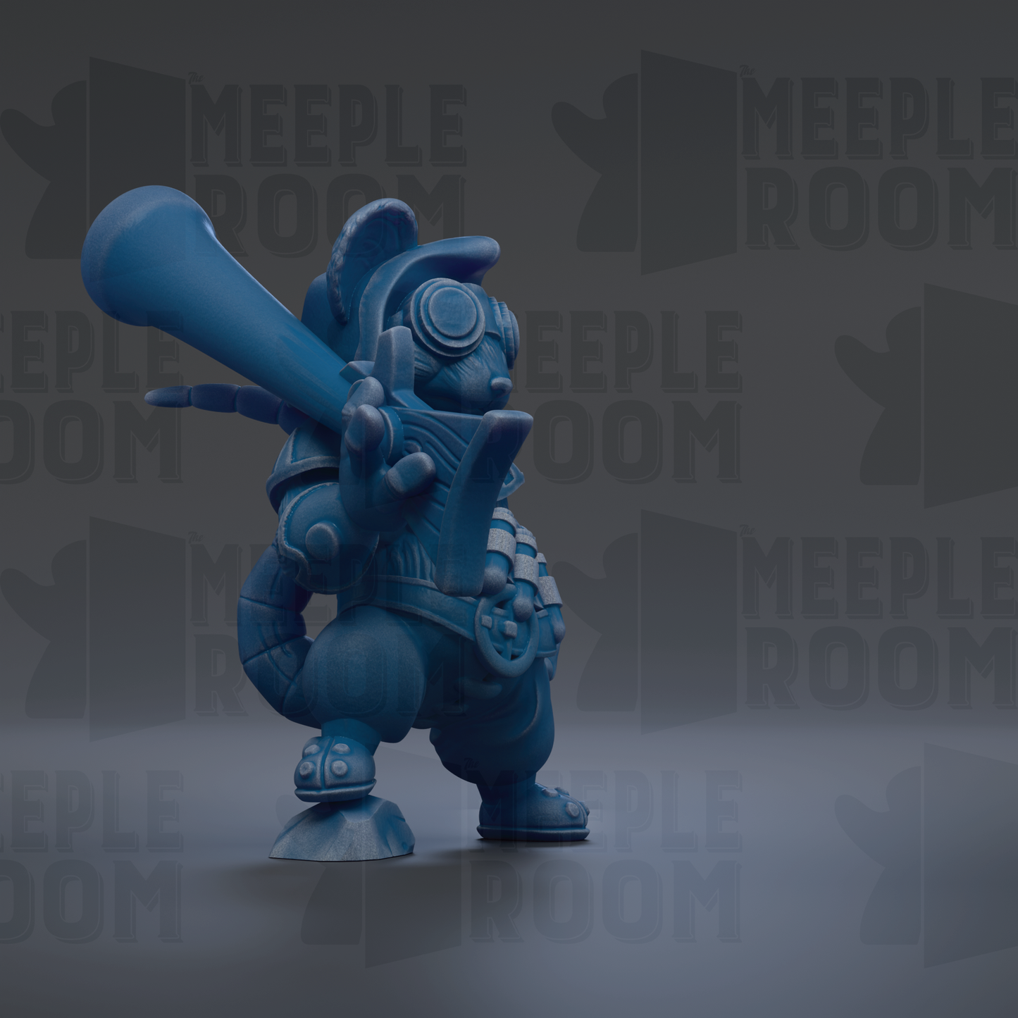 A blue, cartoonish figurine holding a large blue object, possibly a microphone or megaphone, against a dark background with repeated text.