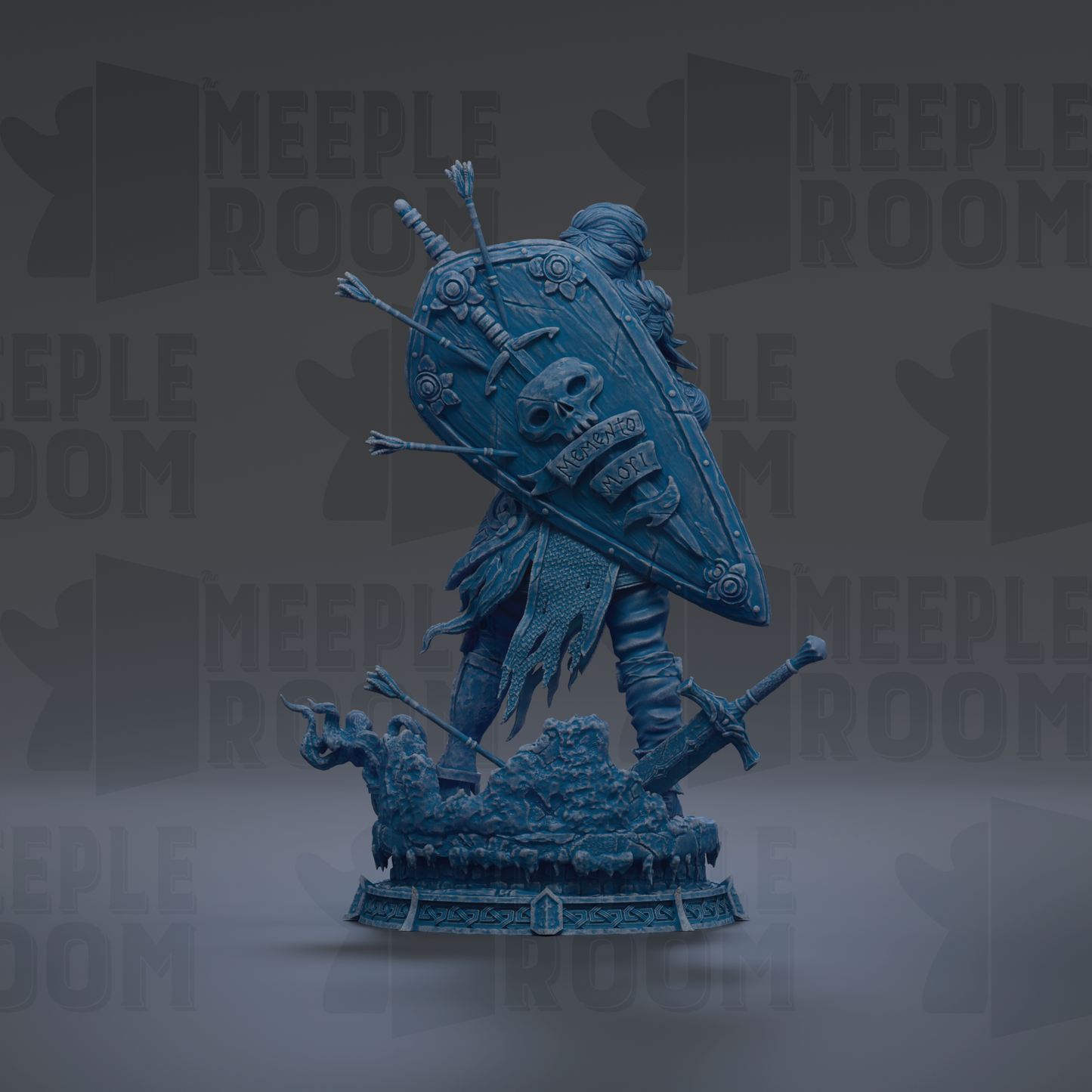 A blue statue of a warrior figure with a shield and sword, standing on a base with a dragon-like creature.