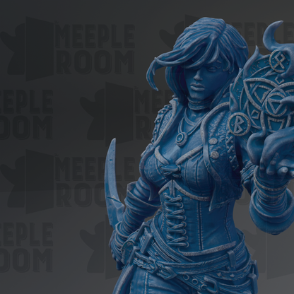 A blue statue of a woman with long hair and a sword, wearing a corset and holding a shield, against a dark background with repeated text.