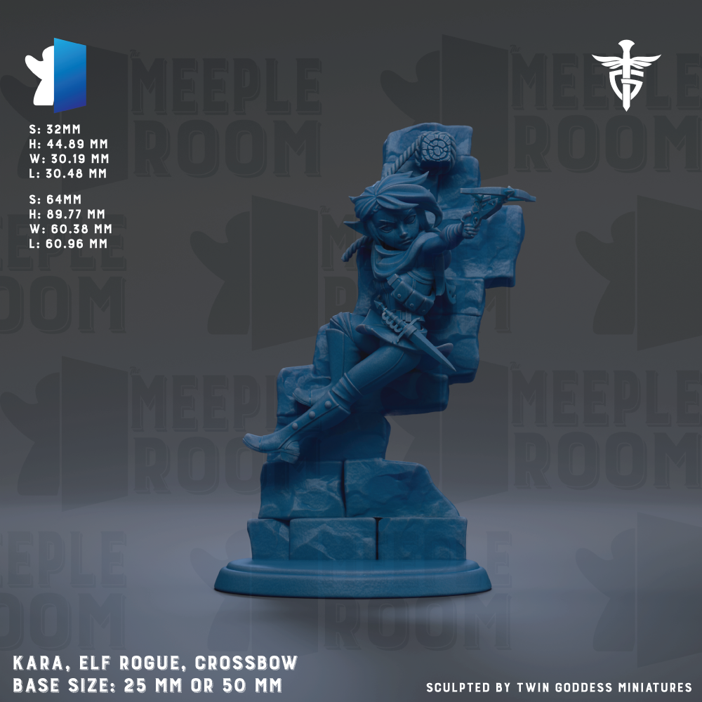 A figurine of a character from the video game "Meeple Room" is shown against a dark background. The figurine is described as a "Kara, Elf Rogue, Crossbow" and has a base size of 25mm or 50mm.