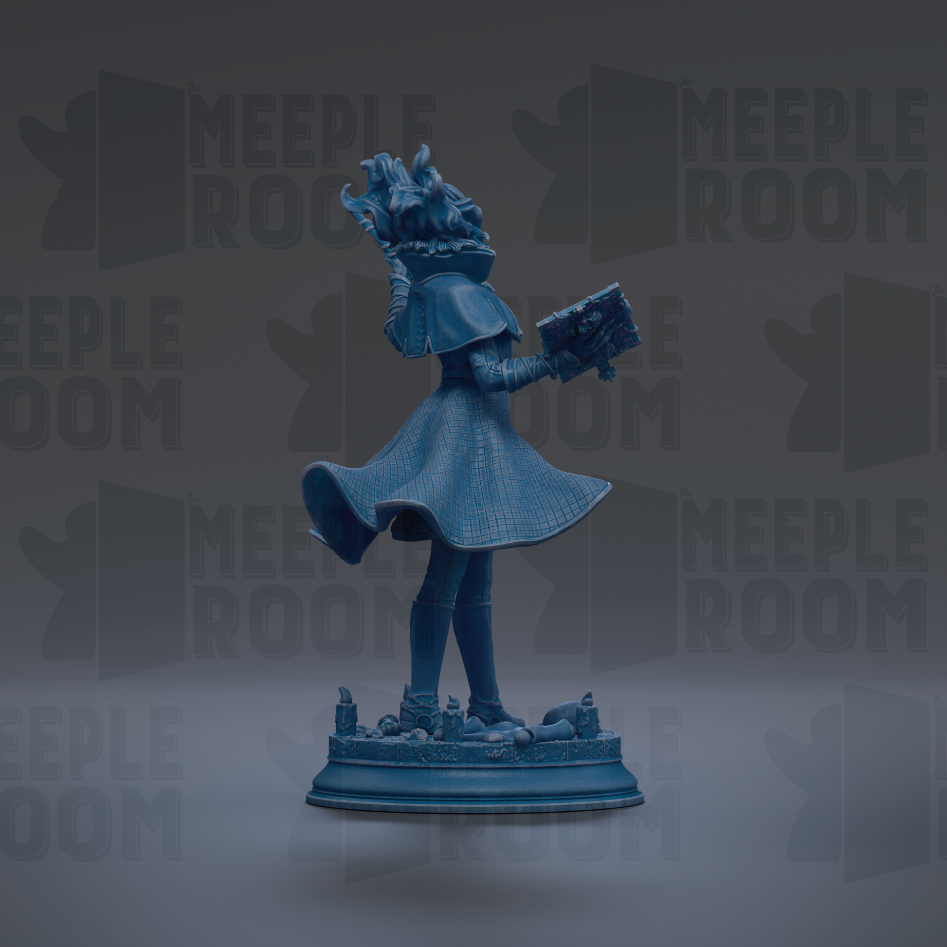 A blue statue of a person holding a book, standing on a pedestal against a dark background with repeated "MEPLE ROOM" text.