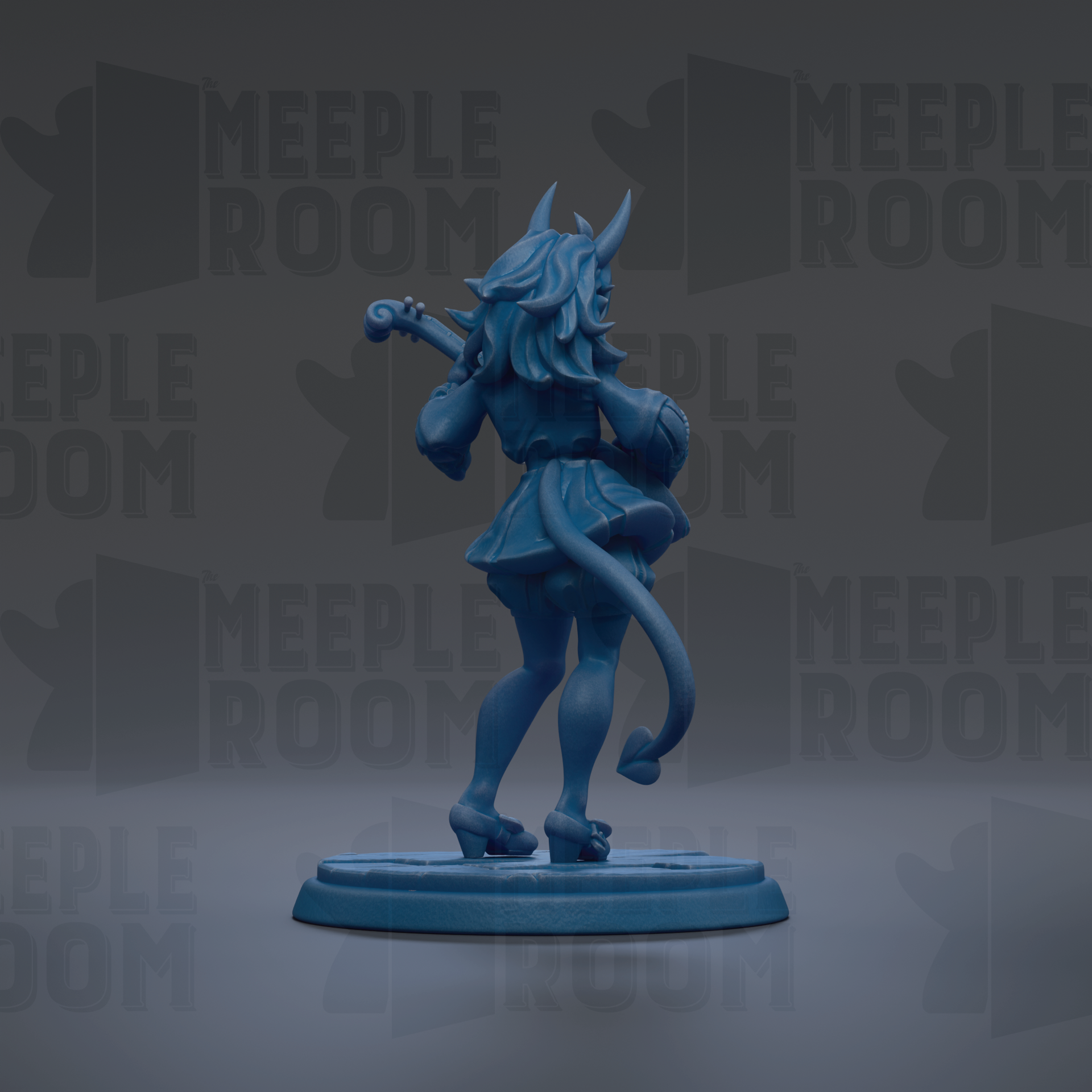 A blue figurine of a woman with horns and a tail, holding a musical instrument, is shown against a dark background with repeated text.