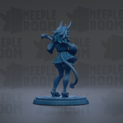 A blue figurine of a woman with horns and a tail, holding a musical instrument, is shown against a dark background with repeated text.
