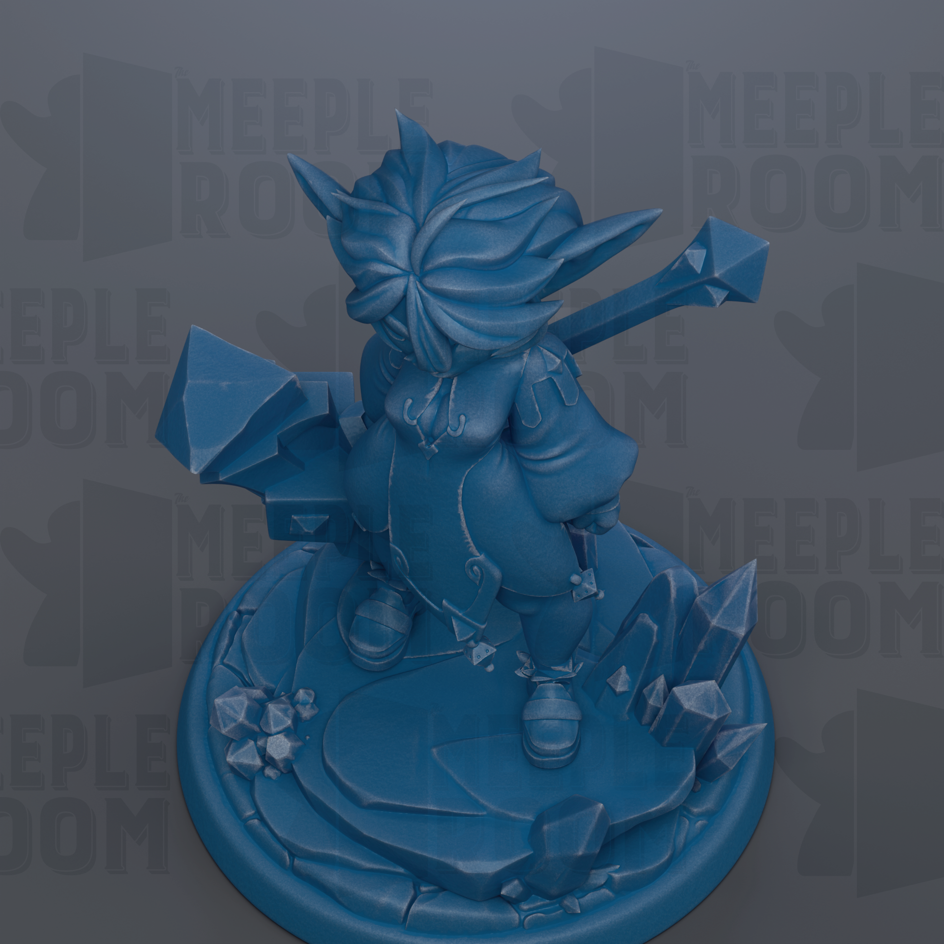 A blue figurine of a fantastical creature with a large head and sharp teeth, standing on a rocky base with crystals.