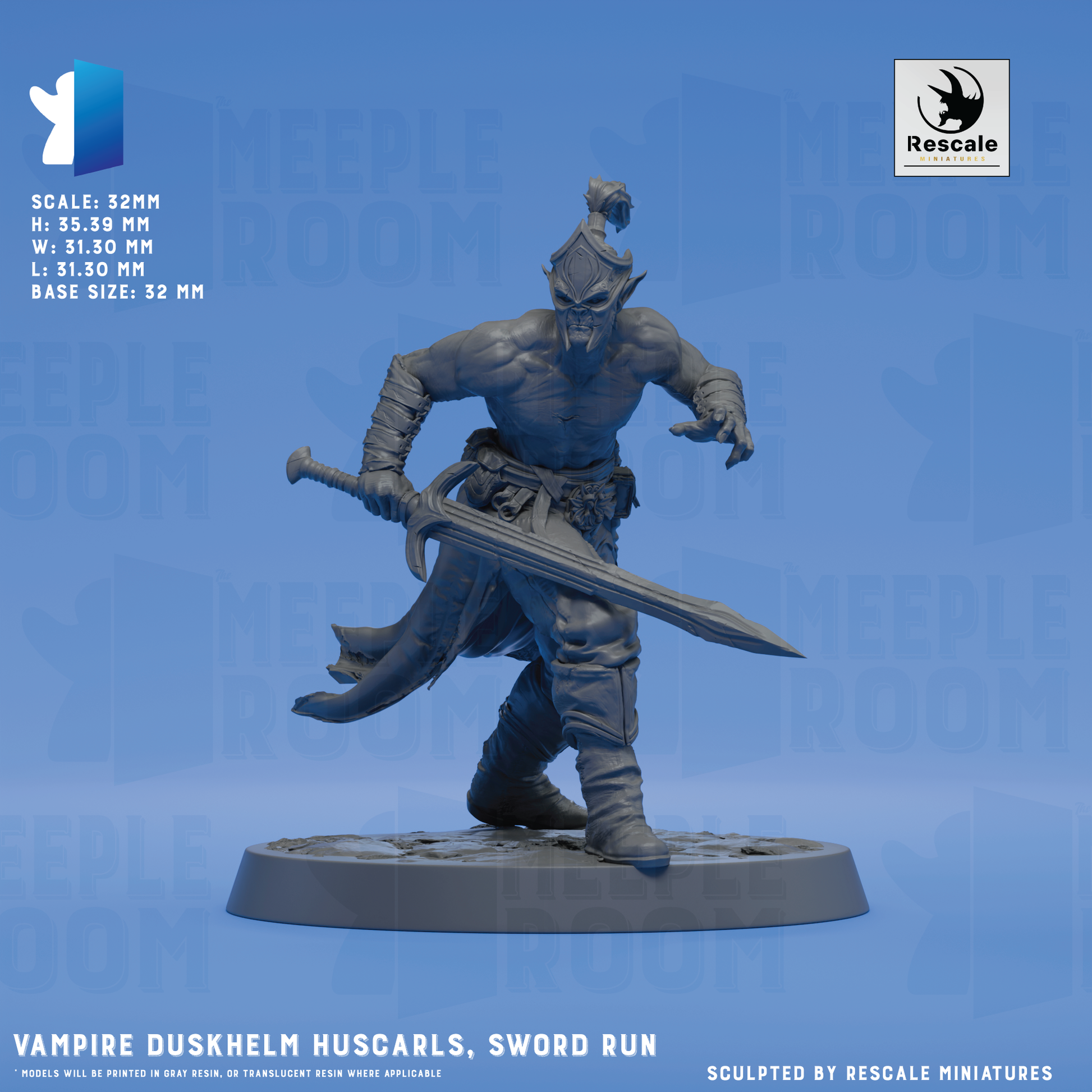 a detailed sculpture of a muscular, armored figure wielding a sword, set against a blue background.