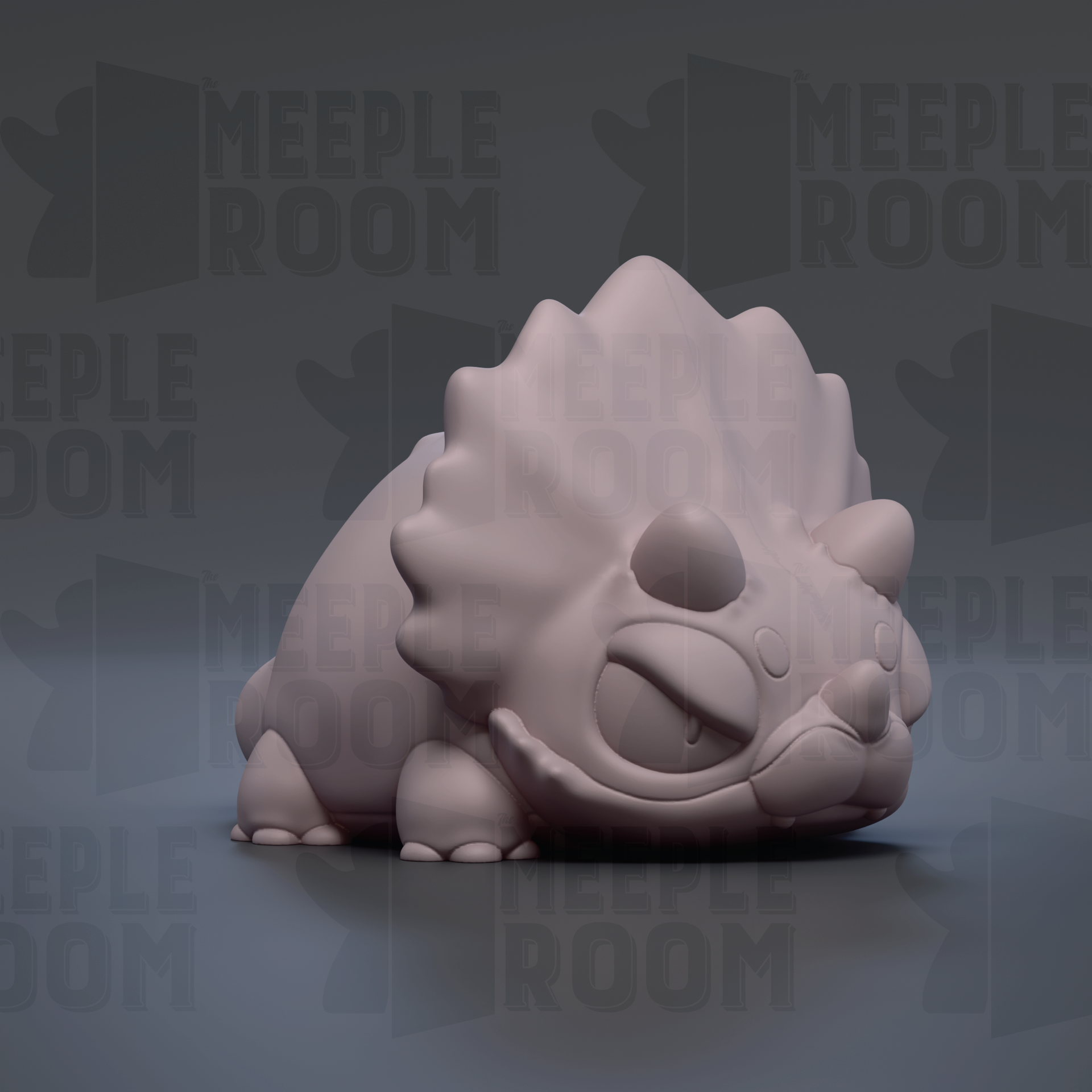 A 3D rendering of a triceratops figurine, which is a dinosaur-like creature with three horns and a large body.
