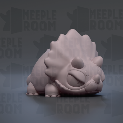 A 3D rendering of a triceratops figurine, which is a dinosaur-like creature with three horns and a large body.