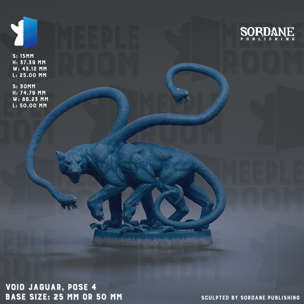The image is a sculpture of a jaguar with multiple tentacles, displayed on a base. The sculpture is described as a " Void Jaguar, pose 4" and has a base size of either 25mm or 50mm.
