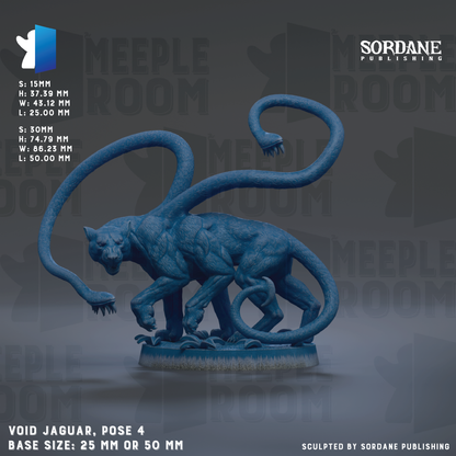 The image is a sculpture of a jaguar with multiple tentacles, displayed on a base. The sculpture is described as a " Void Jaguar, pose 4" and has a base size of either 25mm or 50mm.