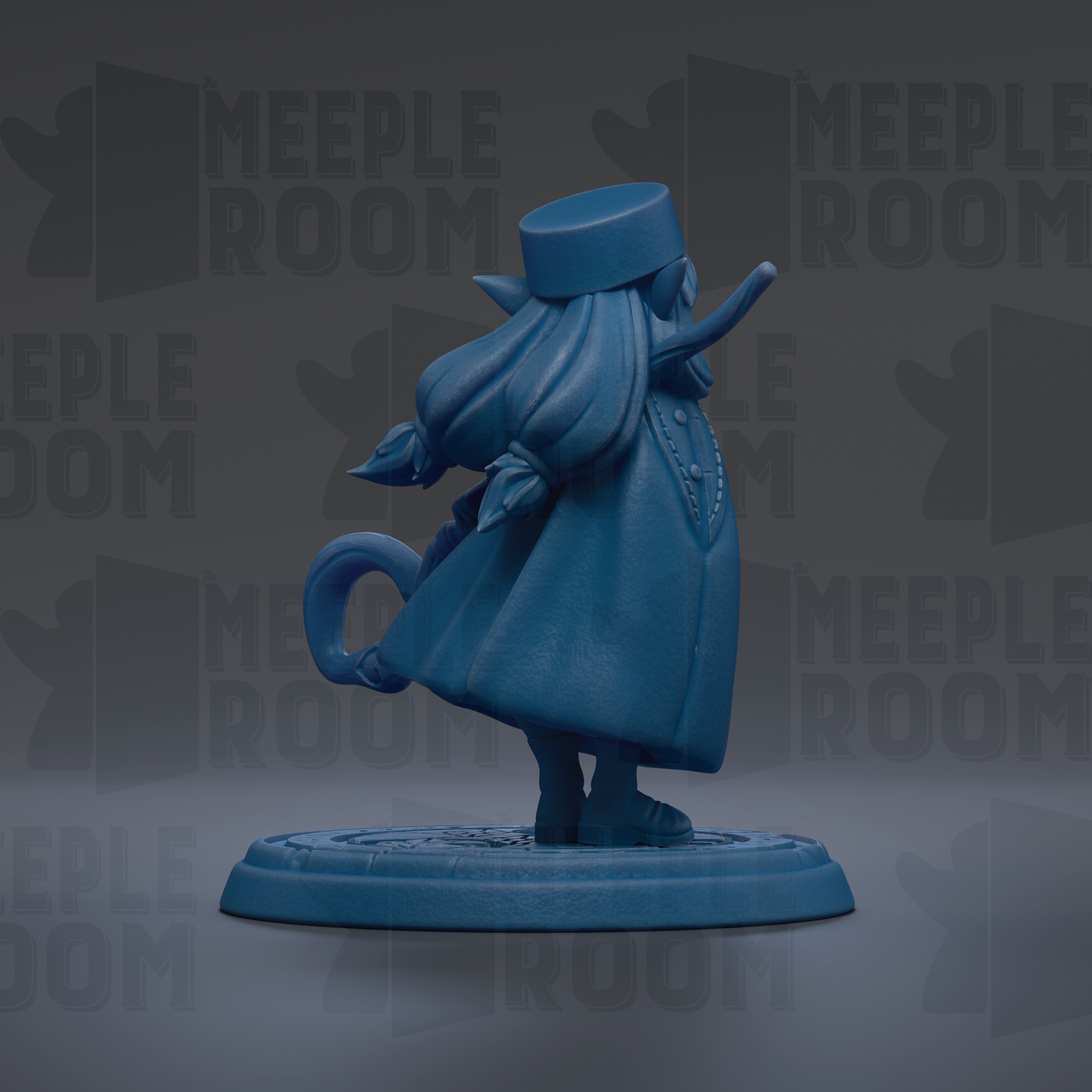 A blue figurine of a person with long hair and a hat, standing on a platform against a dark background with repeated text.