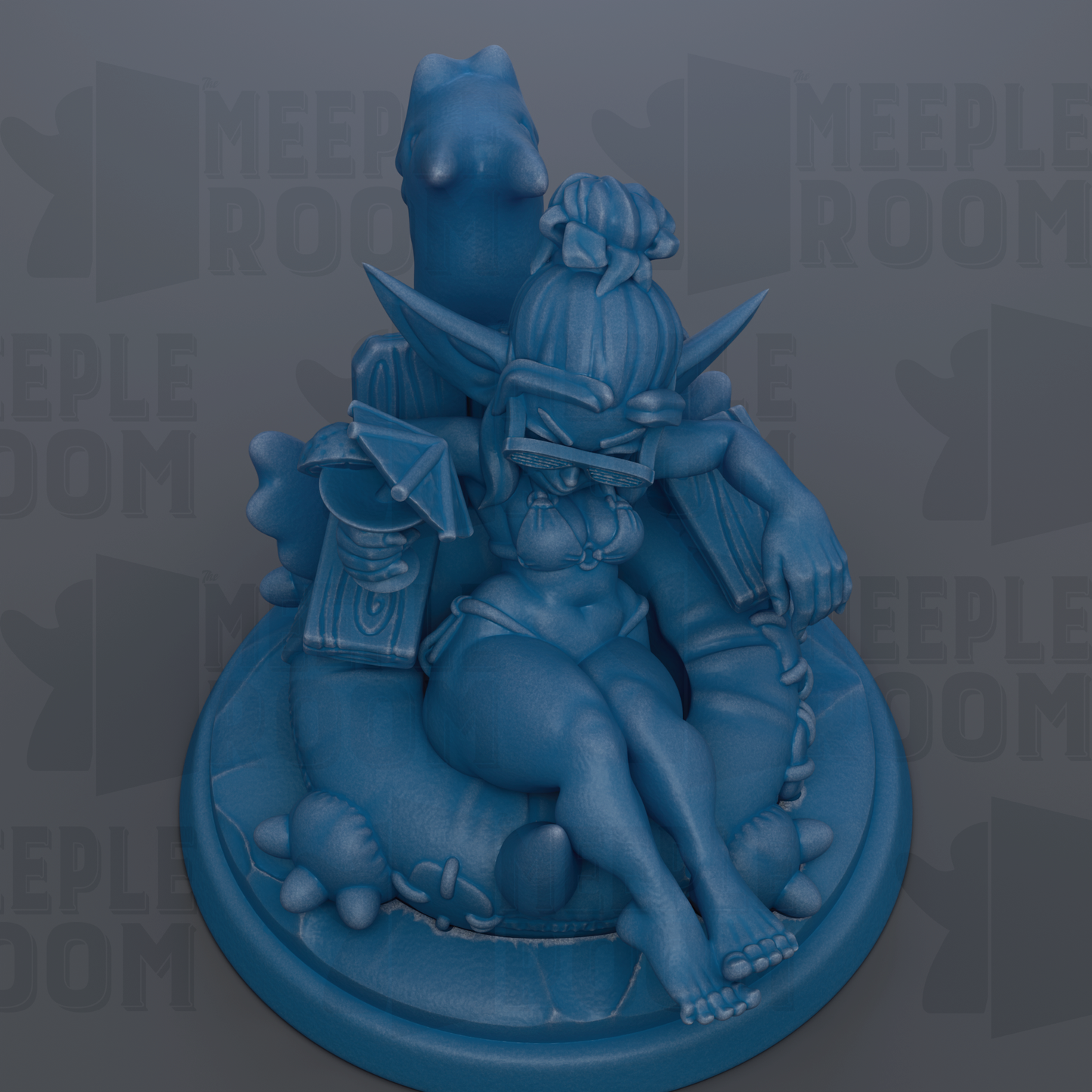 A blue figurine depicting a female character with a large head and long hair, sitting on a circular base and holding a small object in her hand.