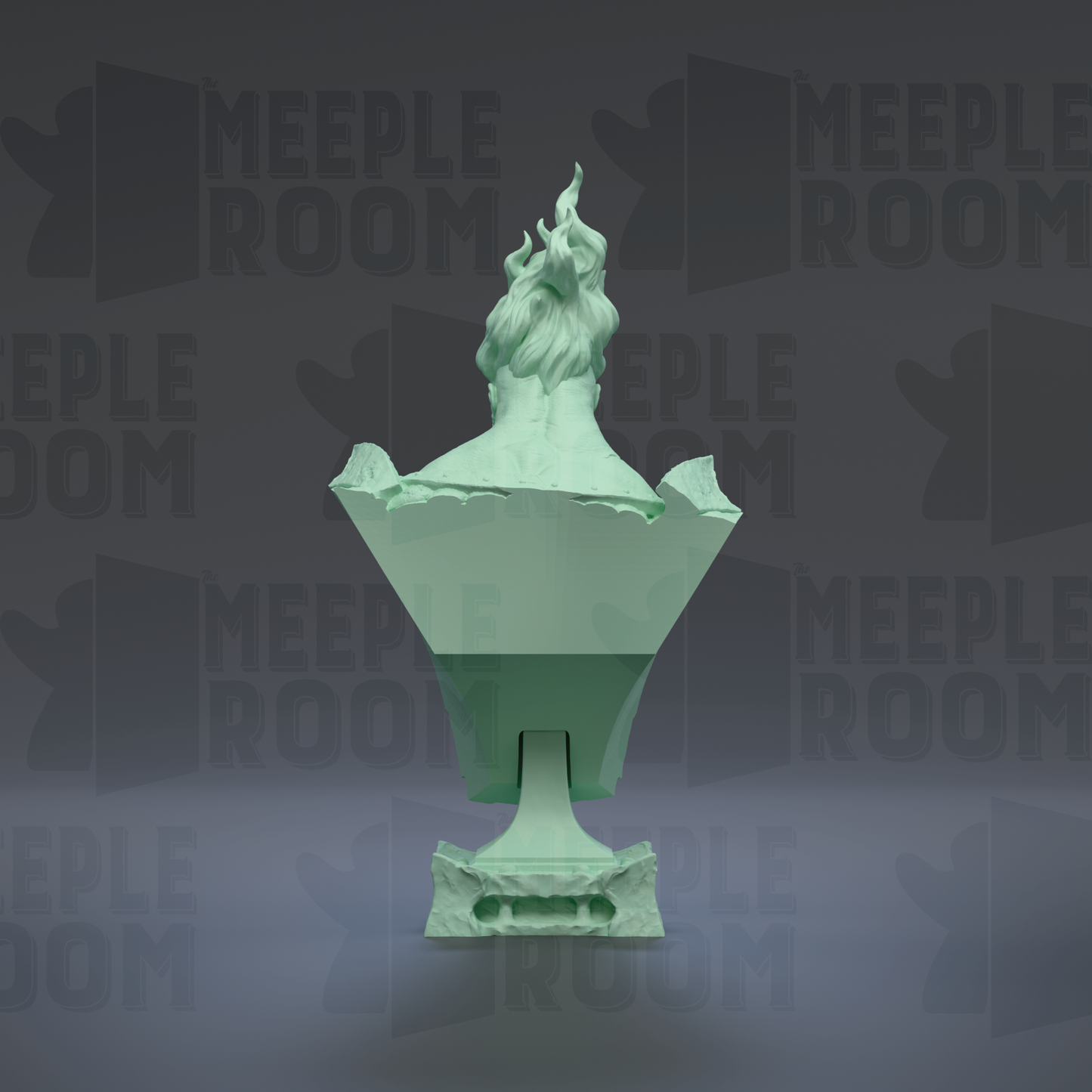 A green, abstract sculpture with a flame-like design on top, set against a dark background with repeated text.