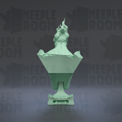 A green, abstract sculpture with a flame-like design on top, set against a dark background with repeated text.