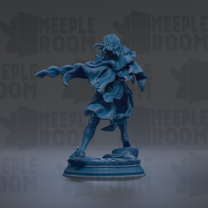 A blue statue of a figure with flowing hair and a flowing cape, standing on a pedestal against a dark background with repeated text.