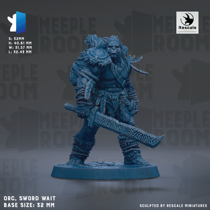 a blue warrior figurine holding a sword, standing on a base. The figurine is described as a "ORC. SWORD WAIT" and is shown in a 3:22mm scale. The base size is 32mm. The figurine is described as being "Sculpted by RESCALE MINIATURES".