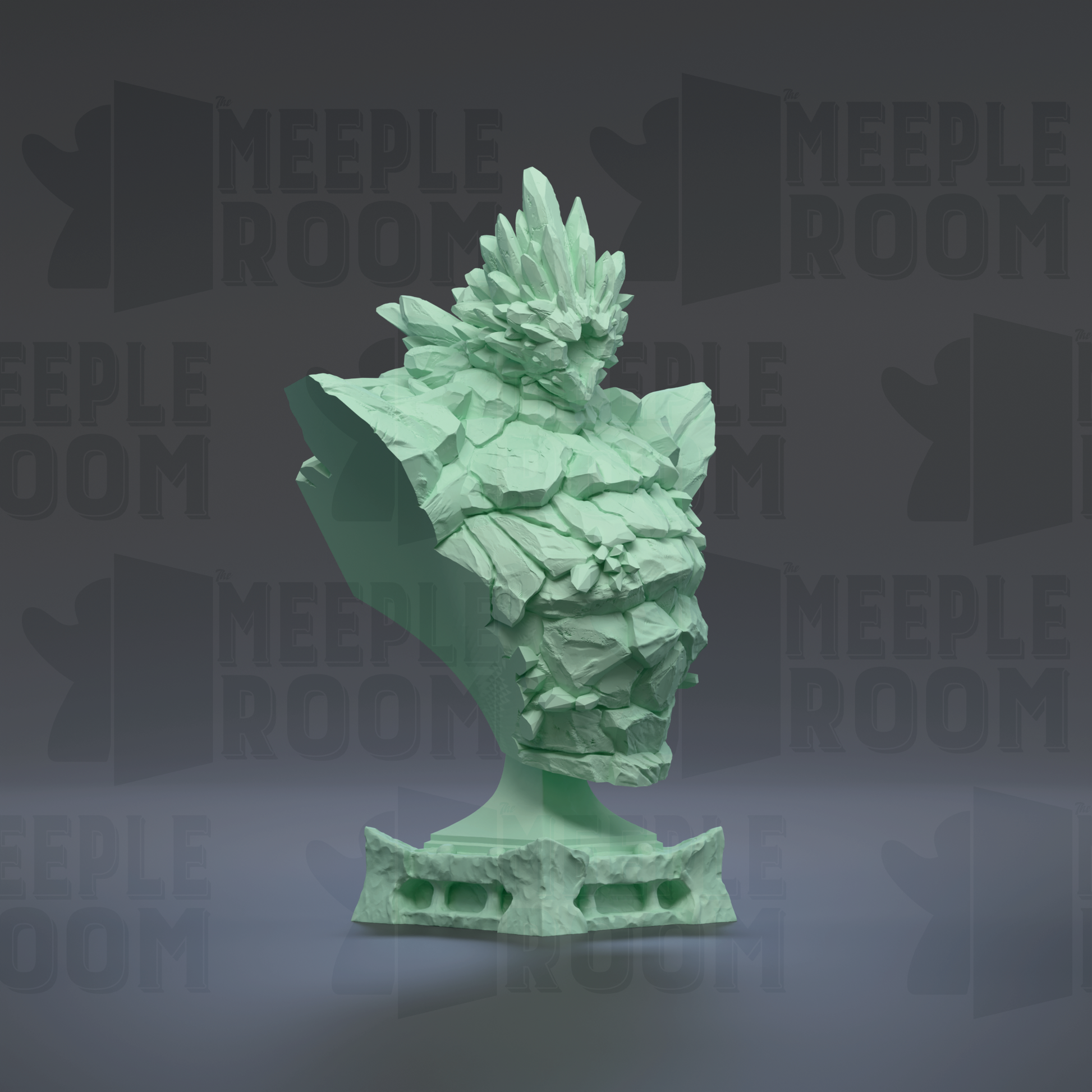 A green, abstract sculpture with a textured, organic appearance stands against a dark background with repeated "MEIPLE ROOM" text.