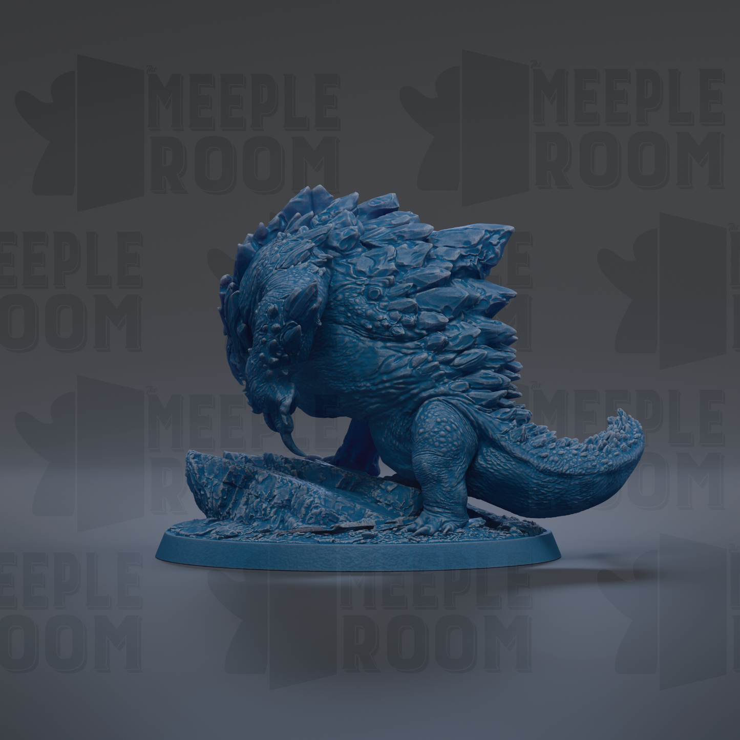 A 3D model of a blue, fantastical creature resembling a dragon or serpent, sitting on a rock.