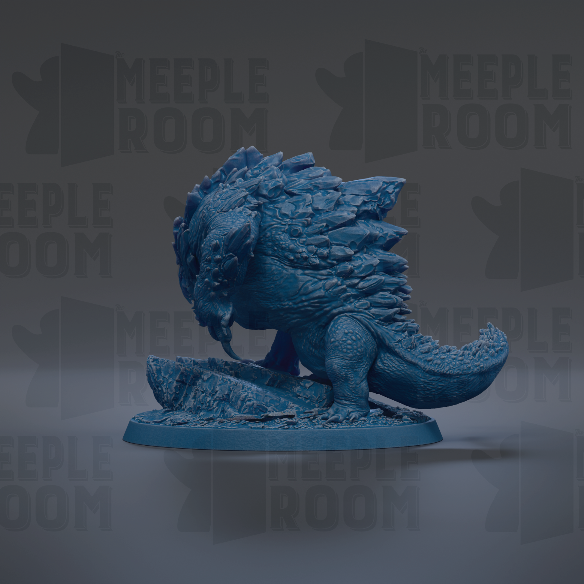 A 3D model of a blue, fantastical creature resembling a dragon or serpent, sitting on a rock.