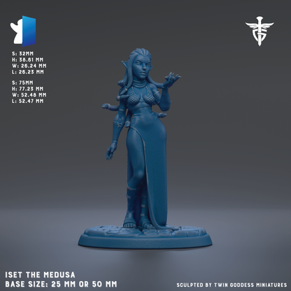 The image is a 3D rendering of a figurine of a female character, likely a deity or mythological figure, with a blue color. The figurine is standing on a base and appears to be made of a material like plastic or metal. The image does not contain any text, and the figurine is described as being either 25mm or 50mm tall. The figurine is sculpted by Twin Goddess Miniatures.