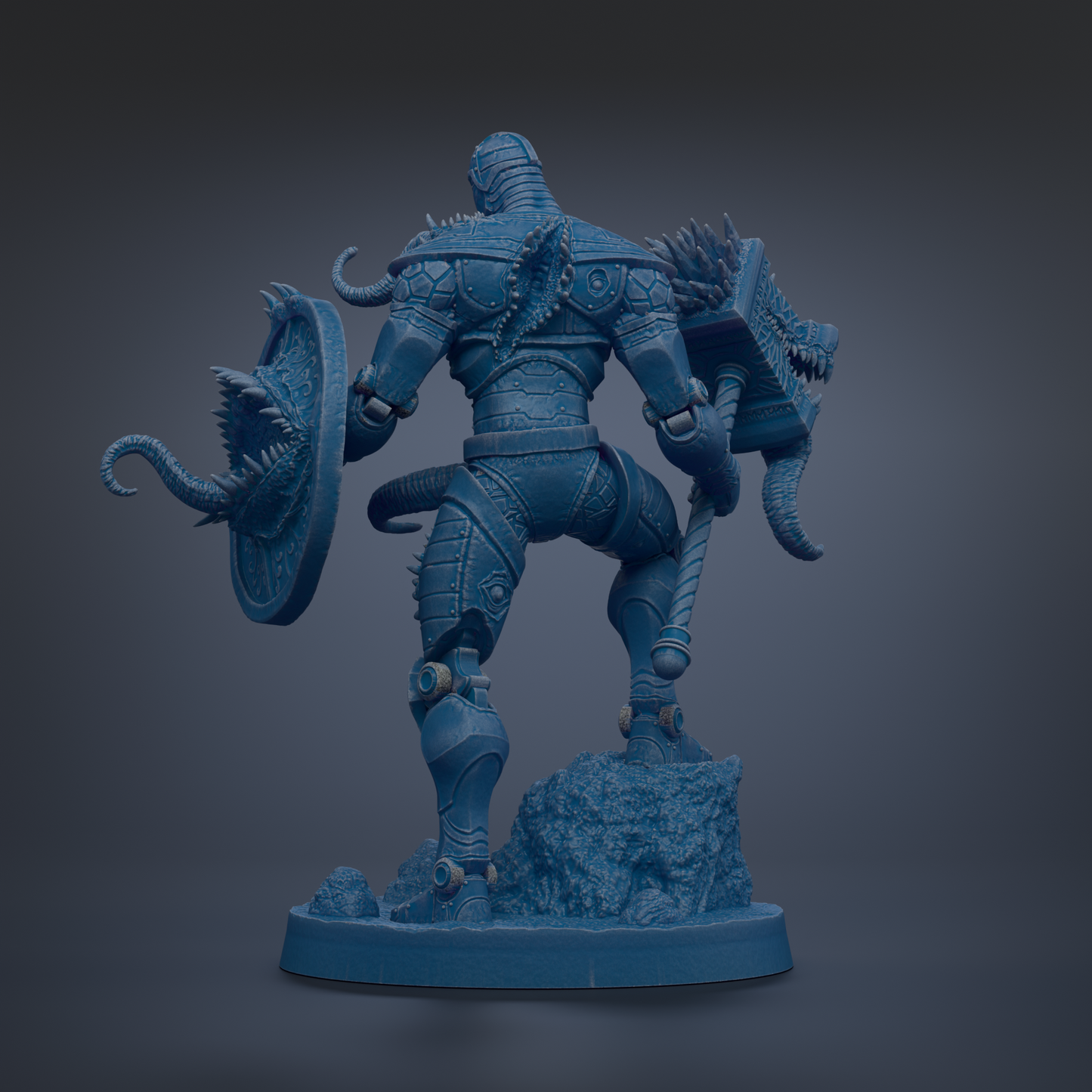 A 3D rendering of a blue armored figure, possibly a warrior or knight, standing on a rock formation against a dark background.