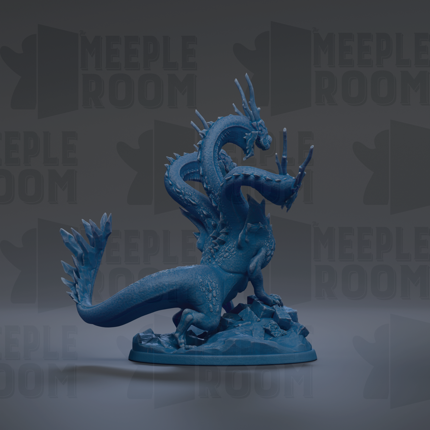A blue, three-headed dragon figurine is displayed against a dark background with repeated text.